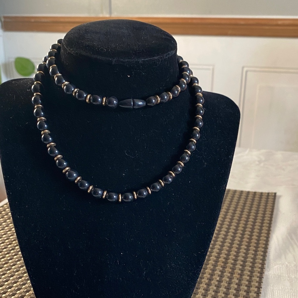 Vintage Black Beaded Necklace Set with Gold Spacers